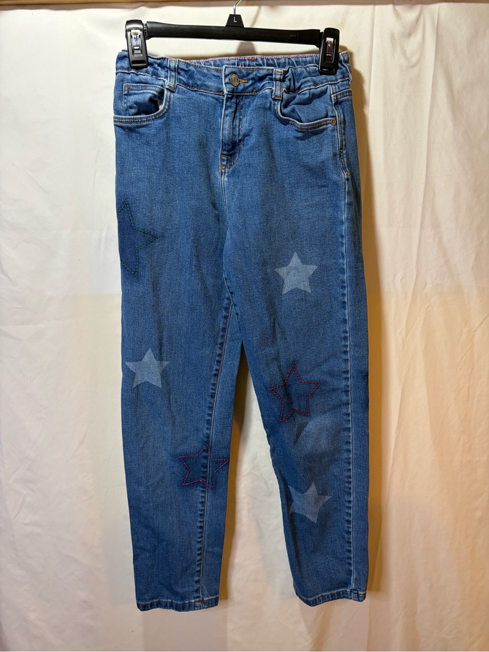 Mini Boden Girls Straight Leg Blue Jeans Star Embroidery Size 13Y Elastic Waist